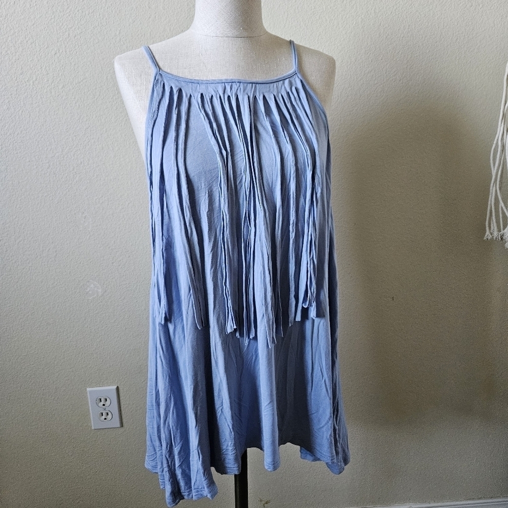 POL Pol Light Blue Sleeveless Fringe Tank Top M